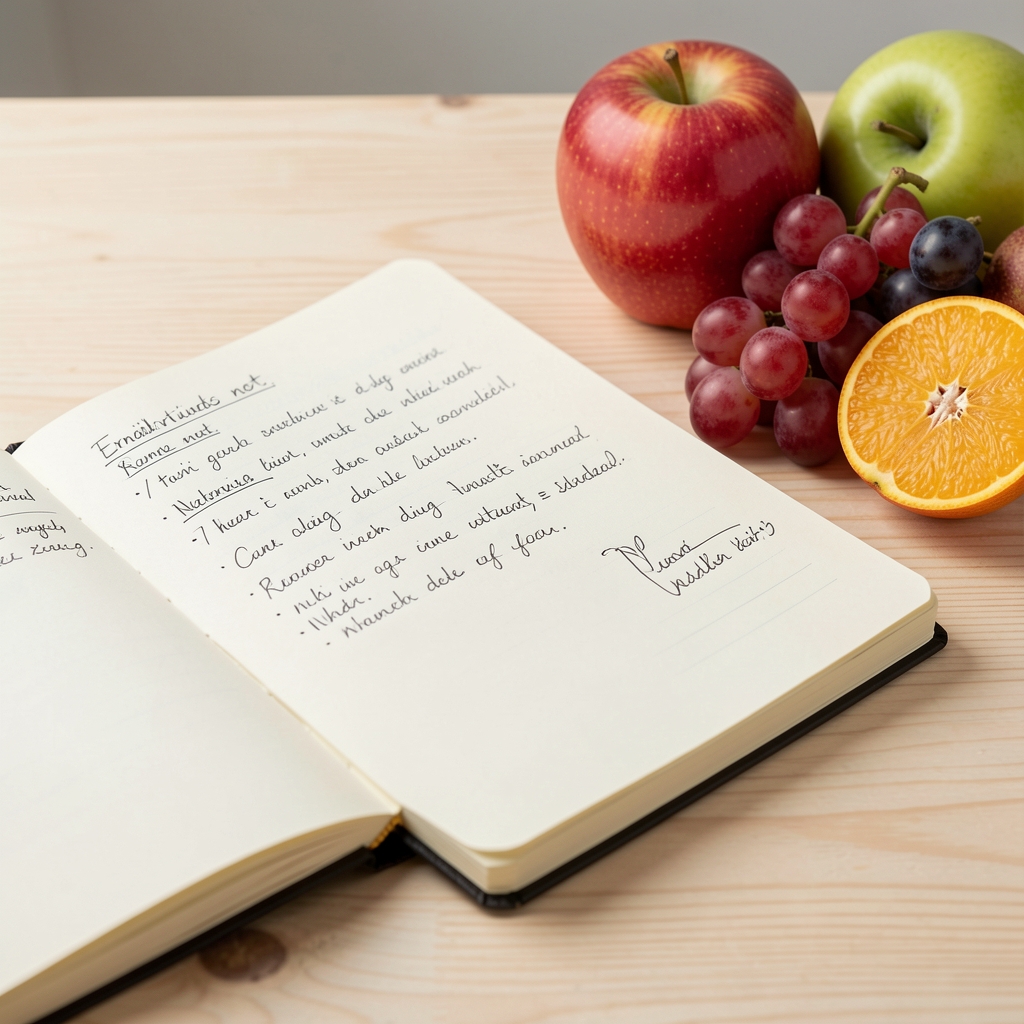 Detailaufnahme eines aufgeschlagenen Notizbuchs mit handgeschriebenen Ernährungsnotizen, daneben frisches Obst und ein Glas Wasser auf einem hellen Holztisch
