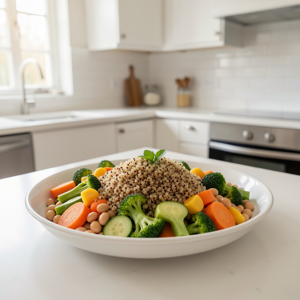 Gedeckter Tisch mit ausgewogener Mahlzeit aus Quinoa, frischem Gemüse, Hülsenfrüchten und einem Glas Wasser in einer hellen, modernen Küche