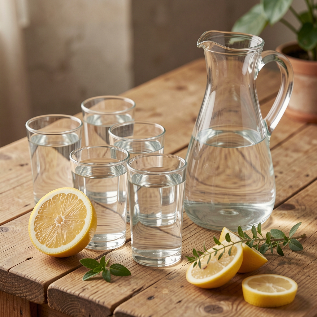 Mehrere Gläser und eine Karaffe mit klarem Wasser auf einem natürlichen Holztisch, frische Zitronenscheiben und Kräuter daneben