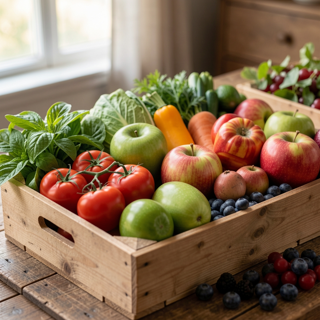 Bunter Wochenmarktstand mit frischem saisonalen Gemüse und Obst — Tomaten, Zucchetti, Äpfeln und Beeren — in Holzkisten unter natürlichem Licht